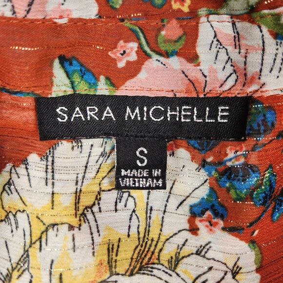 Sara Michelle Blouse Womens Size Small Rust-colored Sheer Floral Button Down - Picture 9 of 12